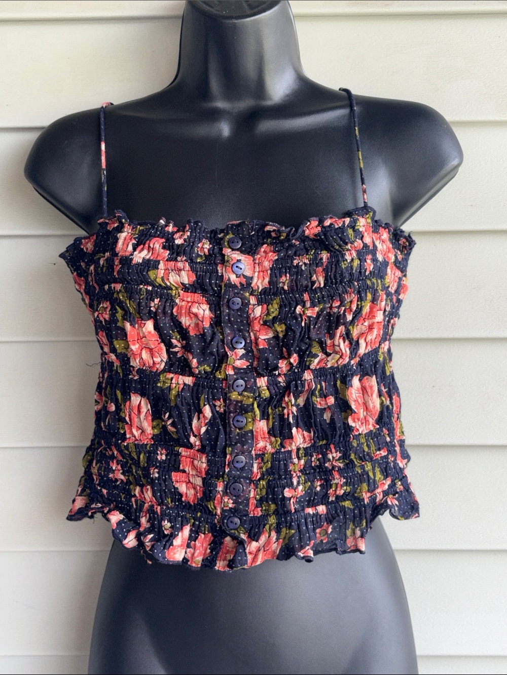Free People One Floral Smocked Spaghetti Strap Crop Top - size medium